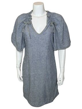 Prairie Underground Confetti Dress S Blue Striped Flutter Sleeve Hemp Cotton